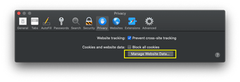Manage Website Data option under Privacy