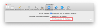 Gérer les données du site Web option sous l'onglet Confidentialité