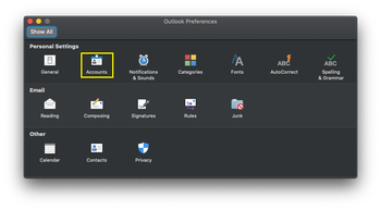 Select ‘Accounts’ in Outlook Preferences