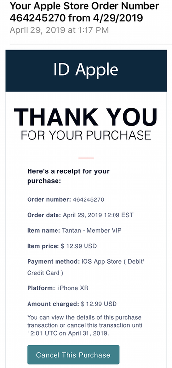 Fake order notification pretending to come from store@apple.com
