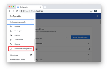 Restablecer configuración de Chrome Restablecer configuración de Chrome