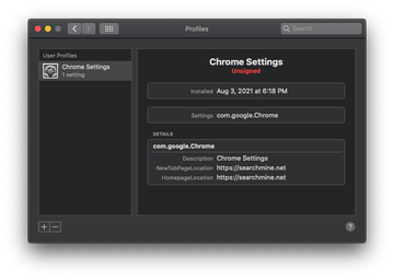 Malicious configuration profile installed to manage Chrome on Mac Malicious configuration profile installed to manage Chrome on Mac