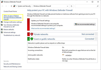 Allow an app or feature through Windows Defender Firewall