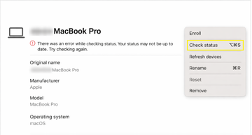 Company Portal device details page with the Check Status option highlighted