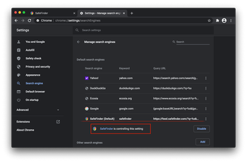 SafeFinder controlling Chrome search settings