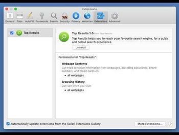 Top Results 1.0 virus extension gets extensive permissions and makes the browser act up