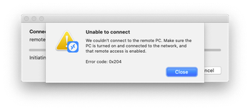 Error code 0x204 Remote Desktop Mac pop-up