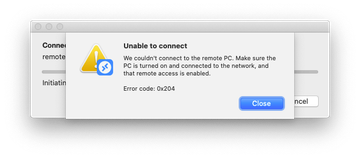 Error code 0x204 Remote Desktop Mac pop-up