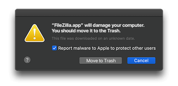 ‘FileZilla.app will damage your computer’ warning ‘FileZilla.app will damage your computer’ warning
