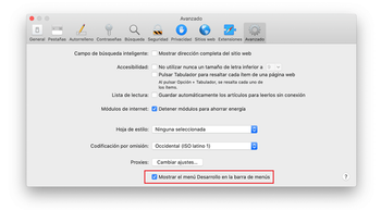 pestaña Avanzado en las Preferencias de Safari