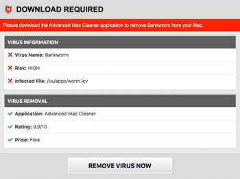 Fake Bankworm virus detection alert in web browser