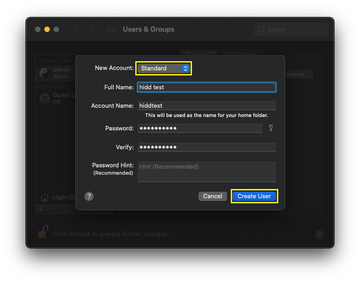 Users and Groups settings for creating a new user account on Mac