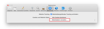 Option Websitedaten verwalten unter der Registerkarte Datenschutz