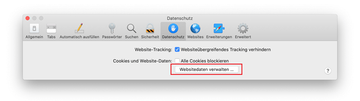 Option Websitedaten verwalten unter der Registerkarte Datenschutz