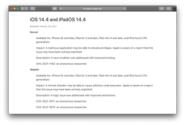 Security issues addressed in iOS 14.4 and iPadOS 14.4