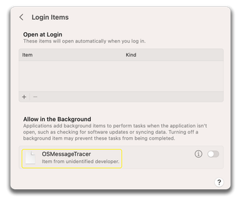 OSMessageTracer in the list of Login Items that are allowed in the background