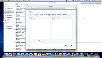 Mac System Preferences menu, Network tab, Advanced, DNS Mac System Preferences menu, Network tab, Advanced, DNS