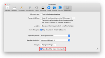 Geavanceerd tabblad onder Safari Voorkeuren
