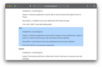 CVE-2021-30713 vulnerability description in Apple Support documentation