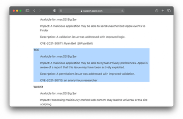 CVE-2021-30713 vulnerability description in Apple Support documentation