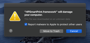 'HPSmartPrint.framework will damage your computer' Mac alert 'HPSmartPrint.framework will damage your computer' Mac alert