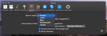 Select search engine in Safari Preferences