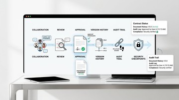 Contract workflow, approval, version history, audit trail, and security checkpoints