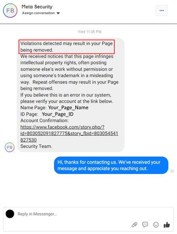 “Violations detected may result in your Page being removed” DM from rogue Meta Security sender