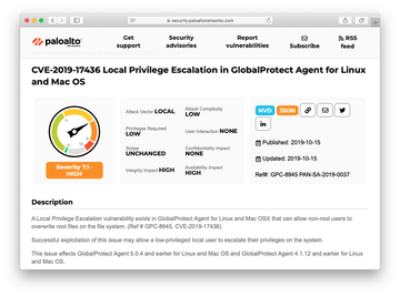 Local privilege escalation vulnerability in older macOS versions of GlobalProtect