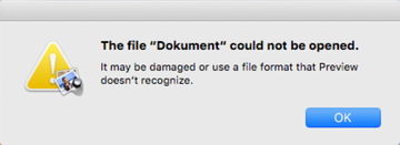 Error popup reporting an issue with the rogue Dokument file