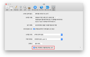 Safari 환경설정의 고급 탭