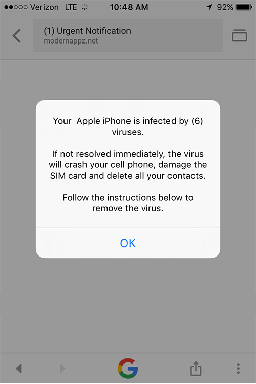 “Your Apple iPhone is infected” virus popups removal from iPhone, iPad