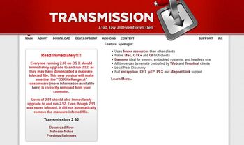 Official site of the Transmission app now contains a warning message