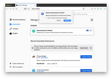 Confirm removal of Grammarly add-on from Firefox
