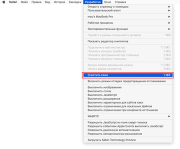 Очистить кэши в Safari