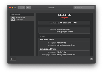 Malicious Mac configuration profile added by Aura Search Malicious Mac configuration profile added by Aura Search