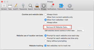 Remove All Website Data option under Privacy