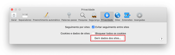 Opção gerir dados dos sites no separador Privacidade