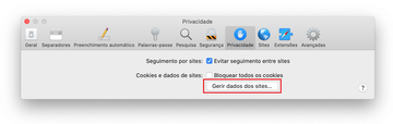 Opção gerir dados dos sites no separador Privacidade