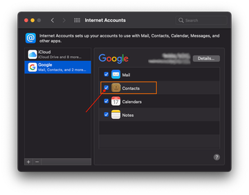Disable the Contacts toggle for internet accounts
