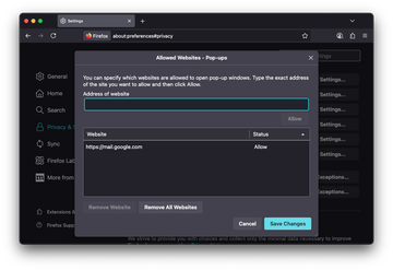 Site has been added to exceptions so it can display pop-ups in Firefox