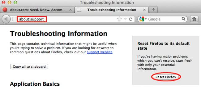 Info reset. Application Basics Firefox. Сброс фаерфокс до заводских.