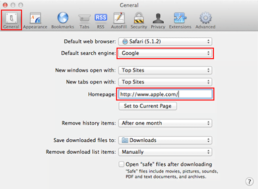 Configure default search engine and homepage in Safari