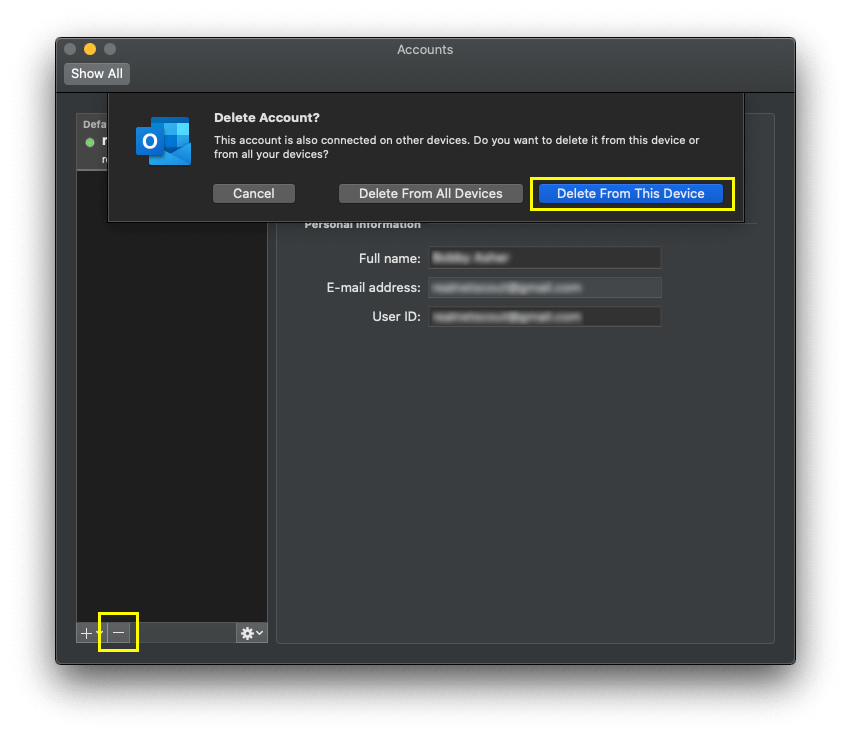 Delete Outlook account