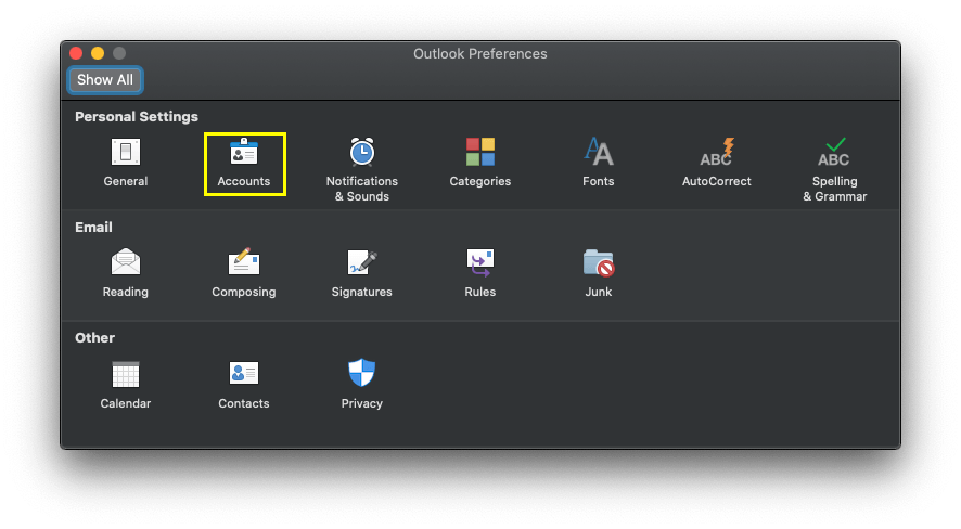 Select ‘Accounts’ in Outlook Preferences