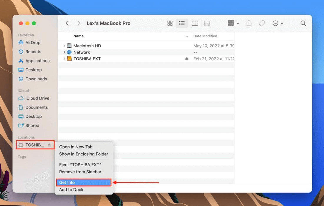 Select the ‘Get Info’ option for hard drive Select the ‘Get Info’ option for hard drive