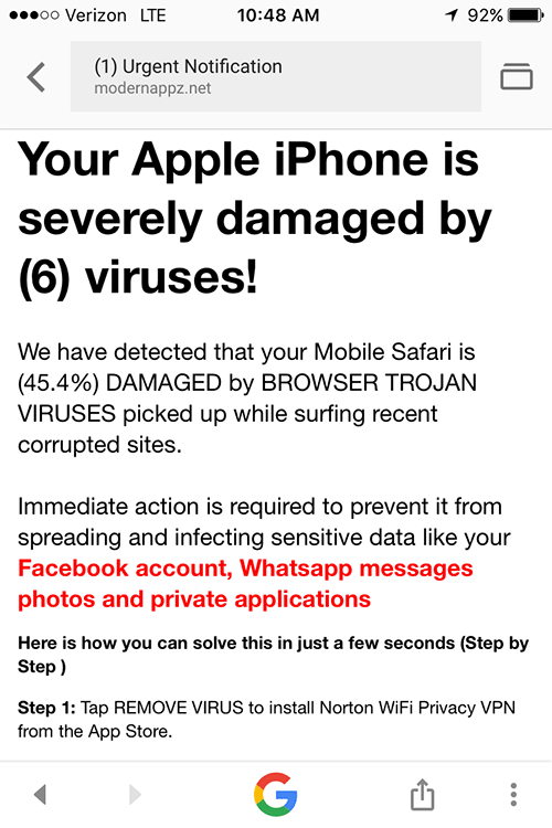 Fraudulent recommendations accompanying ‘Your Apple iPhone is infected’ popup hoax