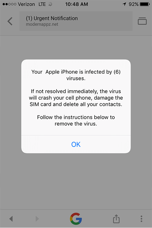 ‘Your Apple iPhone is infected’ popup