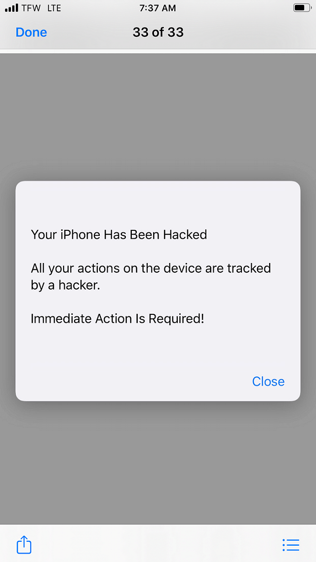 Your iPhone has been hacked’ fake popup alert