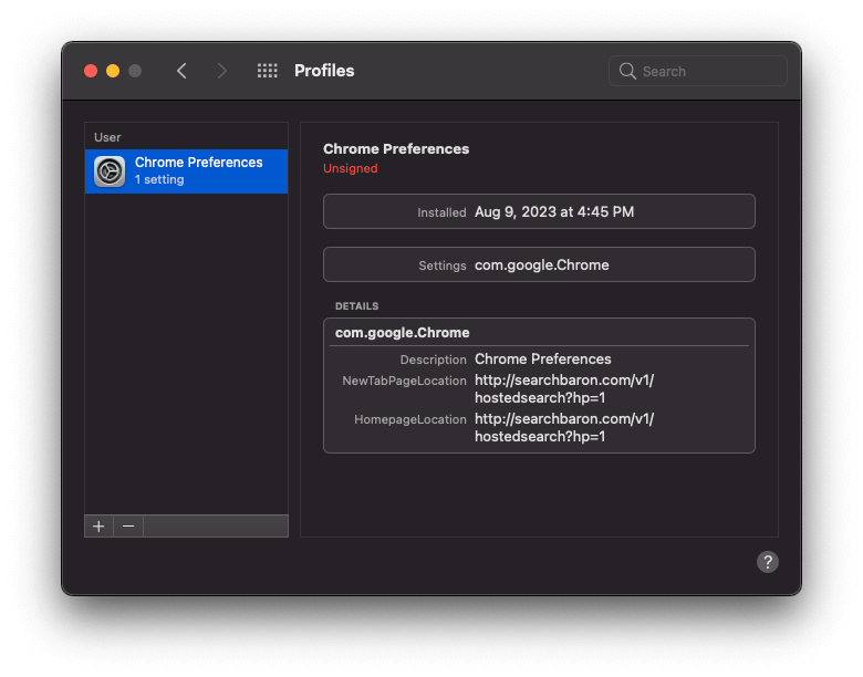 Malicious configuration profile added by Search Baron